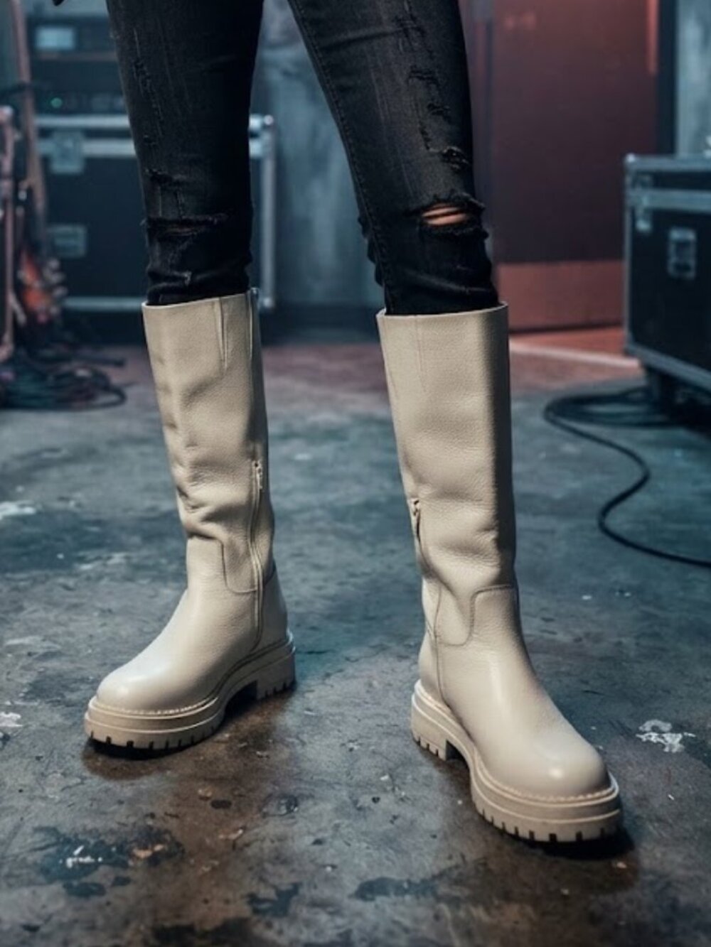 Toby White Leather Knee High Lug Sole Boots Chunky Moto Boots Size 8.5 / 39